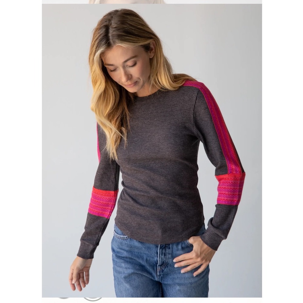 Natural Life London Trim Top L Gray Pink Waffle Knit Thermal Boho Colorblock